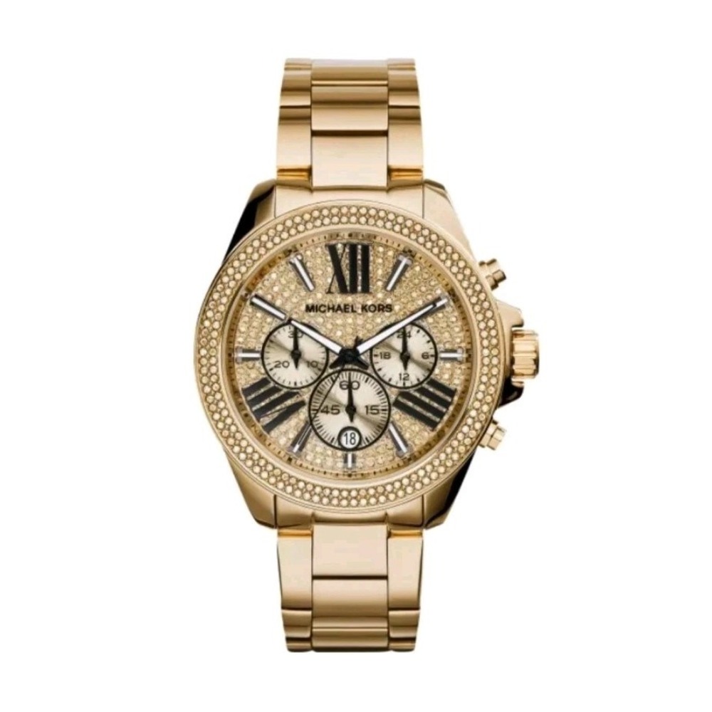 Michael‎ Kors Chronograph Crystal Pave Dial Gold Steel Strap Watch W/ Case Works